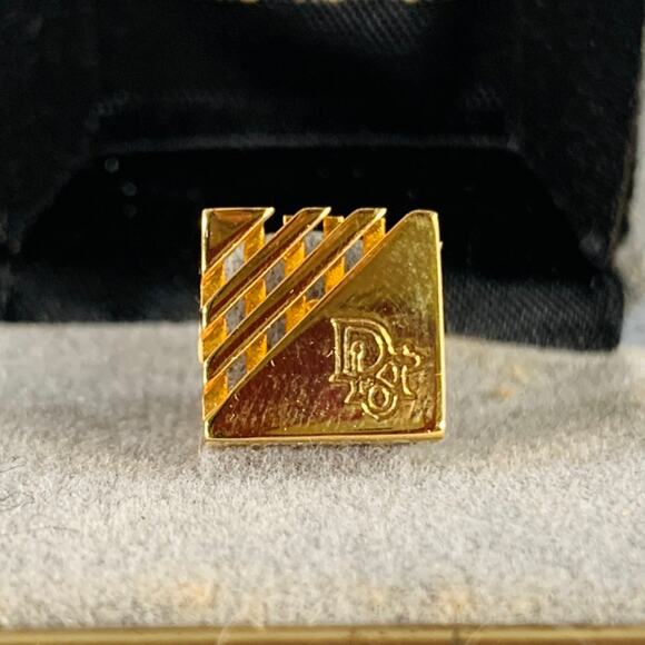 CHRISTIAN DIOR Gold Metal Engraved Monogram Brooch Pin - Picture 2 of 4